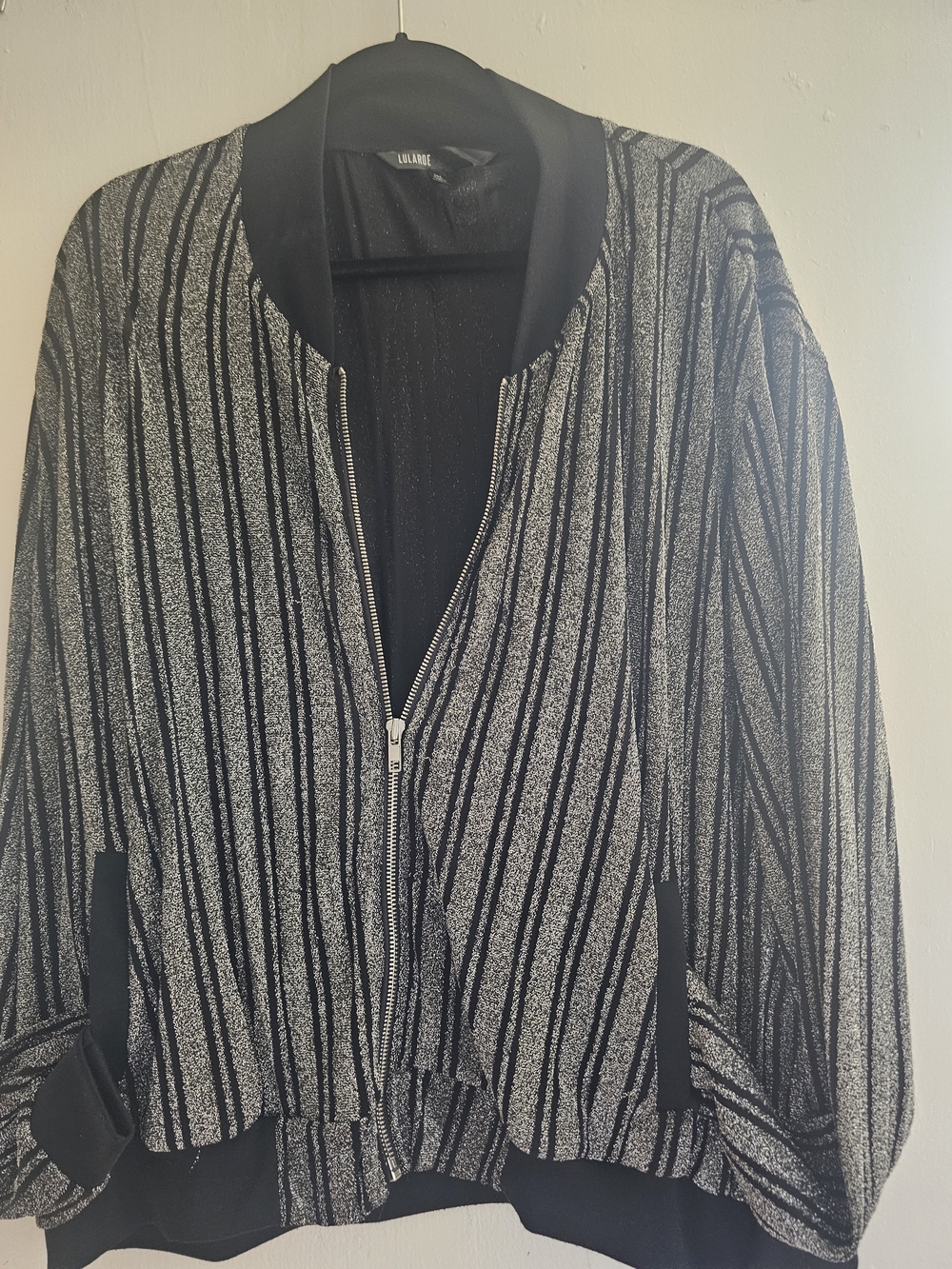 LuLaRoe Black and Silver Striped Bomber Jacket